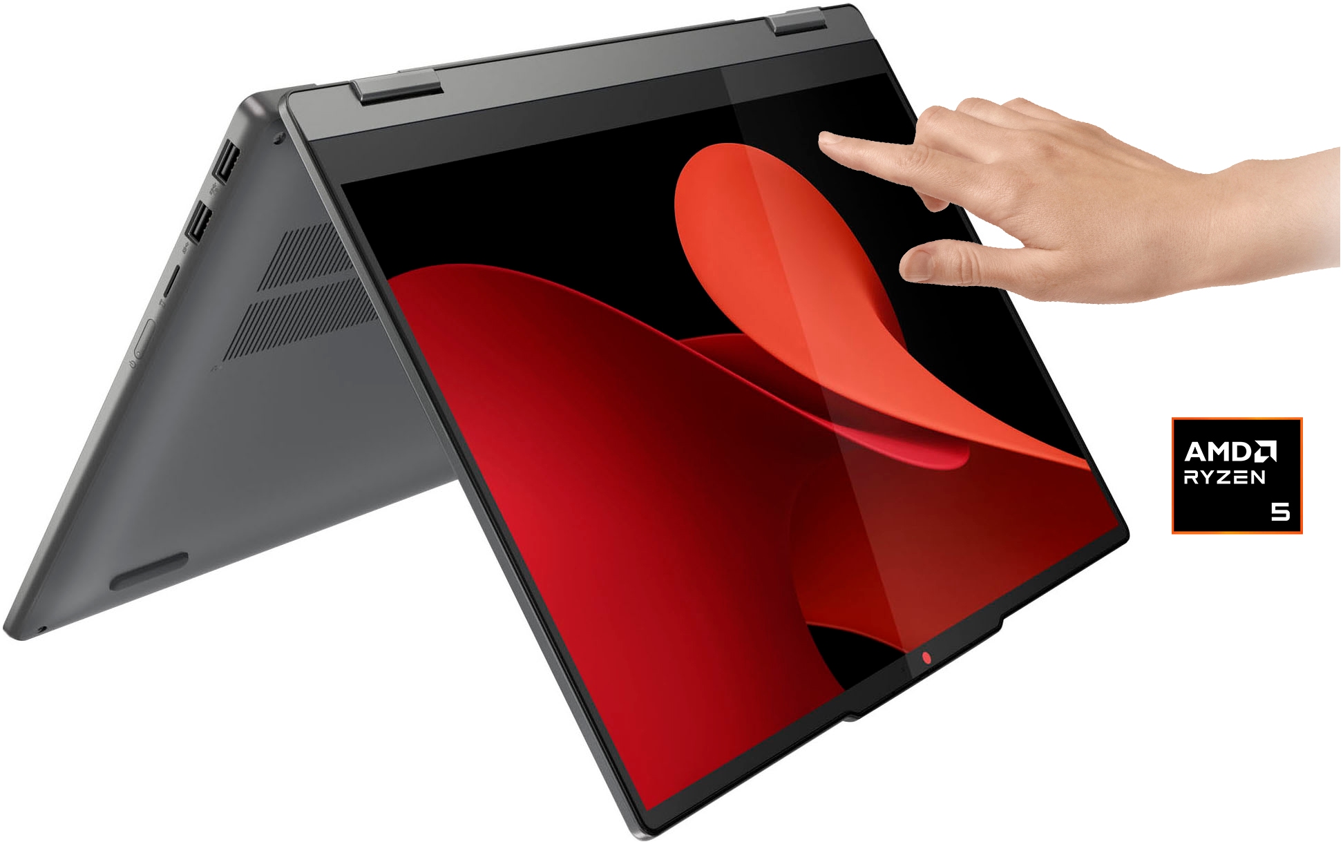 Convertible Laptop mit Touchscreen und AMD Ryzen 5 Logo.