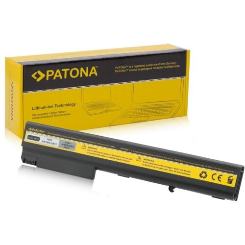 Lithium-Ionen-Laptopbatterie von Patona neben einer gelben Verpackung. Lithium-Ionen-Laptopbatterie von Patona neben einer gelben Verpackung.