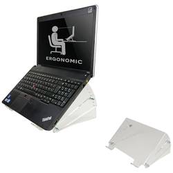 Laptop auf ergonomischem Ständer, Bildschirm zeigt Sitzhaltung, seitliche Ansicht.