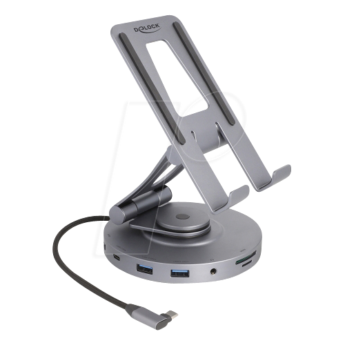 Verstellbarer Aluminium-Laptopständer mit integriertem USB-Hub und Kabel. Verstellbarer Aluminium-Laptopständer mit integriertem USB-Hub und Kabel.