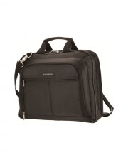 Schwarze Laptoptasche mit Tragegriff und Schulterriemen vor weißem Hintergrund.