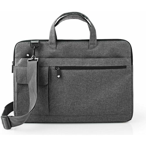 Graue Laptoptasche mit Schulterriemen und Fronttaschen auf weißem Hintergrund.
