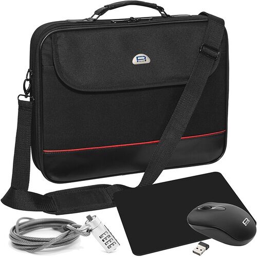 Schwarze Laptoptasche mit Maus, Mauspad, USB-Stick und Kabelschloss im Vordergrund.