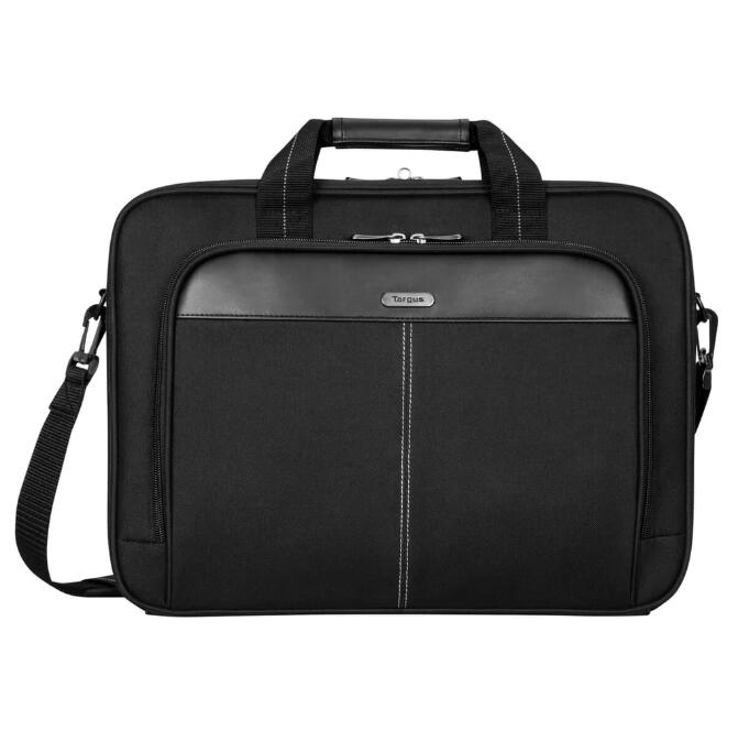 Schwarze Laptoptasche mit Reißverschluss, Schulterriemen und Tragegriff. Schwarze Laptoptasche mit Reißverschluss, Schulterriemen und Tragegriff.