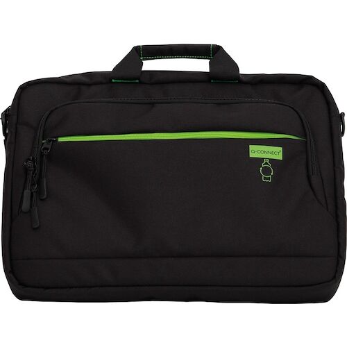 Schwarze Laptoptasche mit grünem Reißverschlussdetail und Q-Connect-Logo.