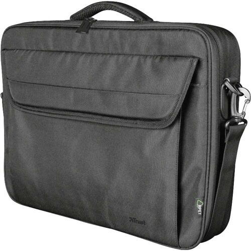 Schwarze Laptoptasche mit Schultergurt, Reißverschluss und Vortasche.