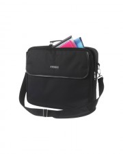 Schwarze Laptoptasche mit Schulterriemen und Reißverschluss, Bücher darin sichtbar.