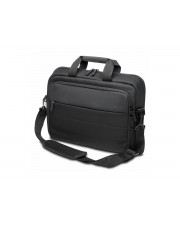 Schwarze Laptoptasche mit Schulterriemen und mehreren Reißverschlusstaschen.