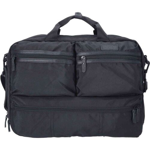 Schwarze Laptoptasche mit mehreren Reißverschlüssen und Griffen, frontal abgebildet. Schwarze Laptoptasche mit mehreren Reißverschlüssen und Griffen, frontal abgebildet.