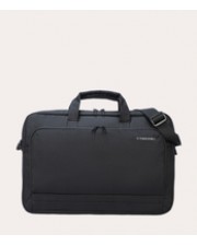 Schwarze Laptoptasche mit Griff und Schulterriemen vor hellem Hintergrund.
