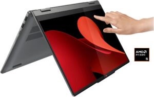 Convertible Laptop mit Touchscreen und AMD Ryzen 5 Logo.