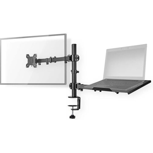 Schreibtischhalterung für Monitor und Laptop mit verstellbaren Armen und Klemmbefestigung sichtbar. Schreibtischhalterung für Monitor und Laptop mit verstellbaren Armen und Klemmbefestigung sichtbar.