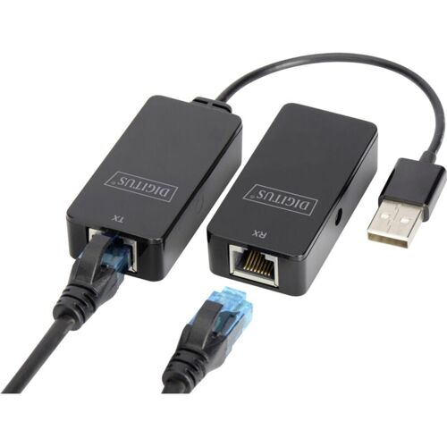 Zwei schwarze Netzwerkadapter mit Ethernet- und USB-Anschlüssen auf weißem Hintergrund. Zwei schwarze Netzwerkadapter mit Ethernet- und USB-Anschlüssen auf weißem Hintergrund.