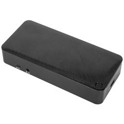 Schwarze rechteckige Powerbank mit USB-Anschlüssen und Ein-Knopf-Design.