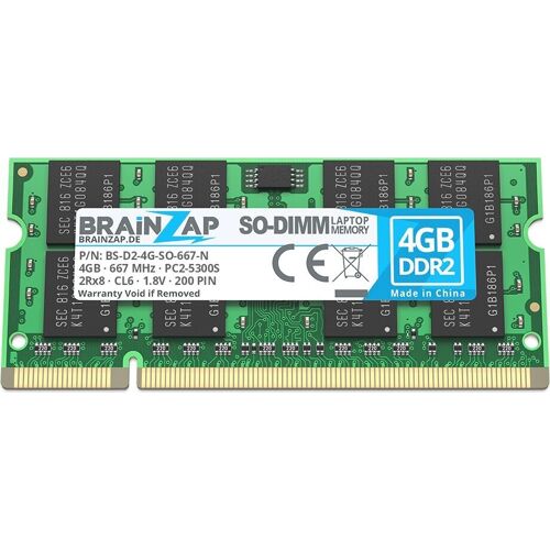 Grünes SO-DIMM RAM-Modul mit 4GB DDR2 und Herstelleretikett.