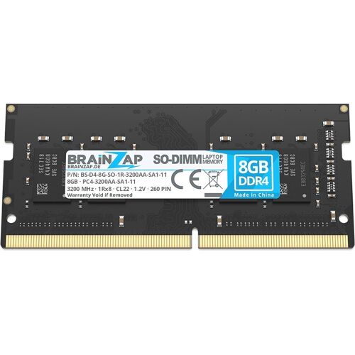 Ein 8GB DDR4 SO-DIMM Laptop-RAM-Modul mit 3200 MHz und goldenen Kontakten. Ein 8GB DDR4 SO-DIMM Laptop-RAM-Modul mit 3200 MHz und goldenen Kontakten.