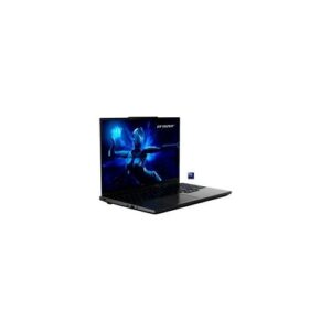 Geöffneter Laptop mit blauem Gaming-Bildschirm, seitliche Ansicht.