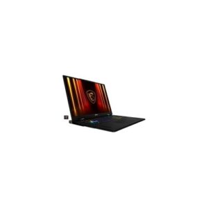 Schwarzer Gaming-Laptop mit beleuchtetem Bildschirm und sichtbarer Tastatur.