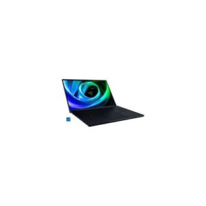 Schwarzer Laptop mit buntem Bildschirm auf weißem Hintergrund.