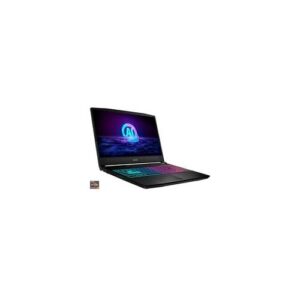 Schwarzer Laptop mit bunter RGB-Tastatur und Bildschirm, der ein futuristisches Bild zeigt.