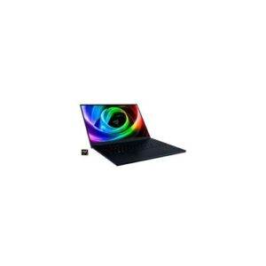 Ein Laptop mit Regenbogenfarben auf dem Bildschirm und einer schwarzen Tastatur.