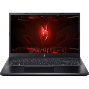 Schwarzer Laptop mit beleuchteter Tastatur und rotem geometrischem Bildschirmhintergrund.