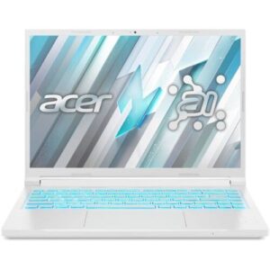 Weißer Acer Laptop mit beleuchteter blauer Tastatur und Grafik auf dem Bildschirm.