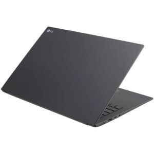 Schwarzer Laptop von LG in geöffneter Position, seitliche Ansicht.