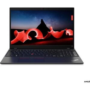Ein Lenovo Laptop mit Bildschirm, der ein abstraktes rotes Bild zeigt.