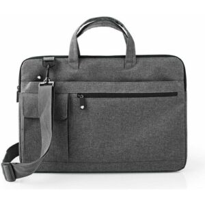 Graue Laptoptasche mit Schulterriemen und Fronttaschen auf weißem Hintergrund.