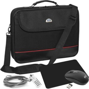 Schwarze Laptoptasche mit Maus, Mauspad, USB-Stick und Kabelschloss im Vordergrund.