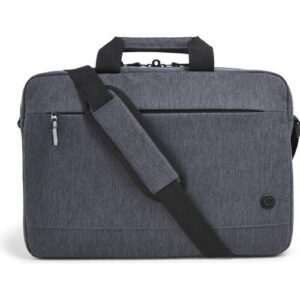 Graue Laptoptasche mit Schultergurt und Reißverschluss.