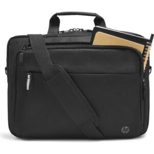 Schwarze HP-Laptoptasche mit Tragegurt und geöffnetem Fach, Notizbücher sichtbar.