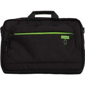 Schwarze Laptoptasche mit grünem Reißverschlussdetail und Q-Connect-Logo.