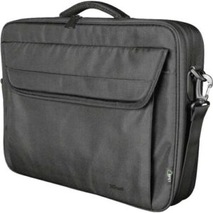 Schwarze Laptoptasche mit Schultergurt, Reißverschluss und Vortasche.