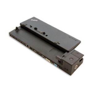 Schwarzgraue Lenovo ThinkPad Laptop-Dockingstation mit verschiedenen Anschlüssen und Verriegelungsmechanismus.