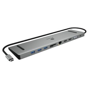 USB-C-Dockingstation mit mehreren Anschlüssen, darunter USB, HDMI, Ethernet und VGA.