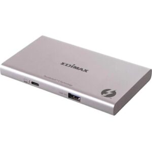 Rechteckiges EDIMAX-Dock mit Thunderbolt- und USB-C-Anschlüssen auf silbernem Gehäuse