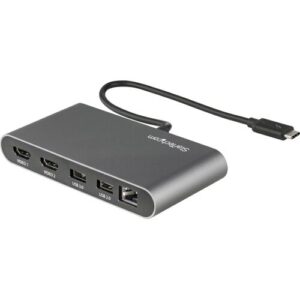 USB-C-Hub mit mehreren Anschlüssen, einschließlich HDMI und USB, auf weißem Hintergrund.