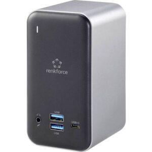 Graues, kompaktes USB-Hub mit mehreren Anschlüssen, darunter USB und USB-C.