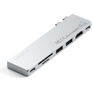 Aluminium-USB-C-Hub mit verschiedenen Anschlüssen, einschließlich USB, HDMI, und SD-Kartensteckplatz.