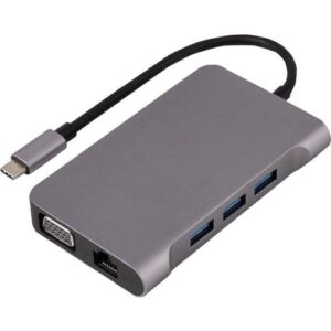 USB-C-Hub mit verschiedenen Anschlussmöglichkeiten und einem kurzen Kabel.