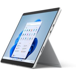 Tablet mit Windows-Display und Kickstand, seitliche Anschlüsse sichtbar.