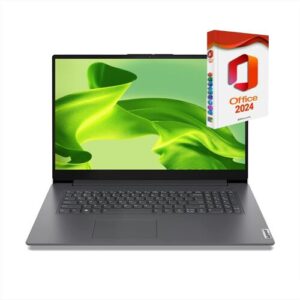 Grauer Laptop mit grünem Bildschirmhintergrund und Office 2024 Software-Packung.