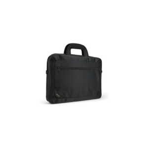 Schwarze Laptoptasche mit Reißverschluss und Tragegriff, isoliert auf weißem Hintergrund.