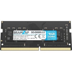 Ein schwarzes 16GB DDR4 SO-DIMM RAM-Modul mit Beschriftungen auf weißem Aufkleber.