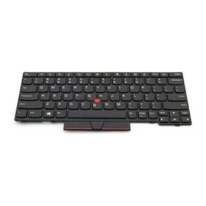 Schwarze Laptop-Tastatur mit rotem TrackPoint in der Mitte.