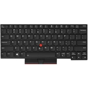 Schwarze rechteckige Laptop-Tastatur mit integriertem roten Trackpoint in der Mitte.