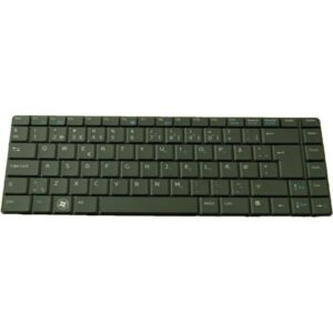 Schwarze QWERTY-Laptop-Tastatur mit gedrungenem Layout und blauen Symbolen.