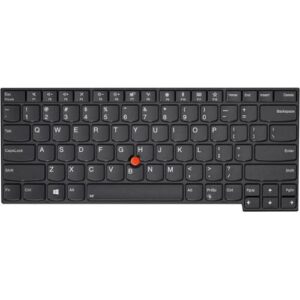 Schwarze Laptop-Tastatur mit rotem TrackPoint in der Mitte.
